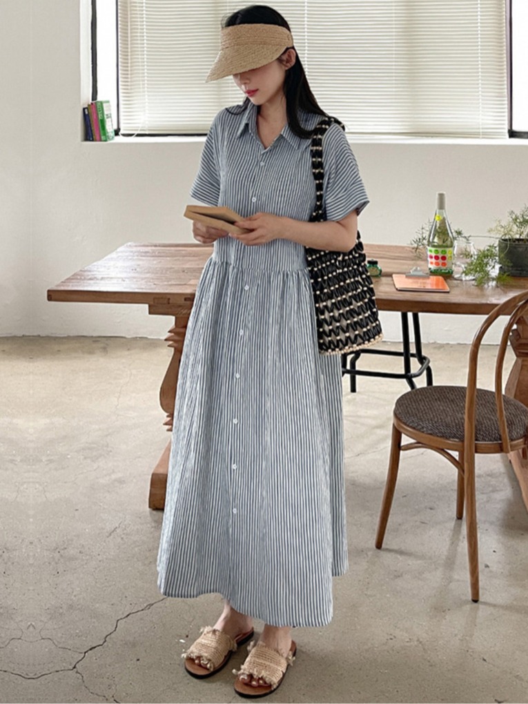 Casual Loose Linen Shirt Dress - Vestido Camisa Listrado Estilo Coreano Retrô