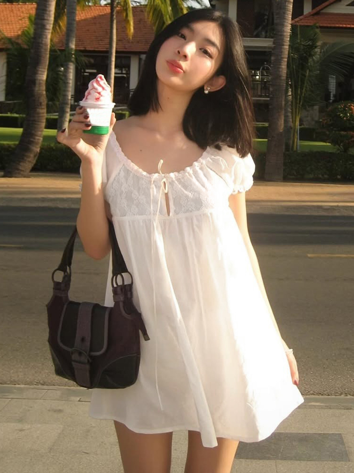 Off Shoulder Puff Sleeve Sundress - Vestido Mini Branco de Renda com