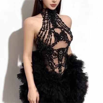 Sparkly Rhinestone Club Party Dress - Vestido Mini Feminino Luxuoso com Strass