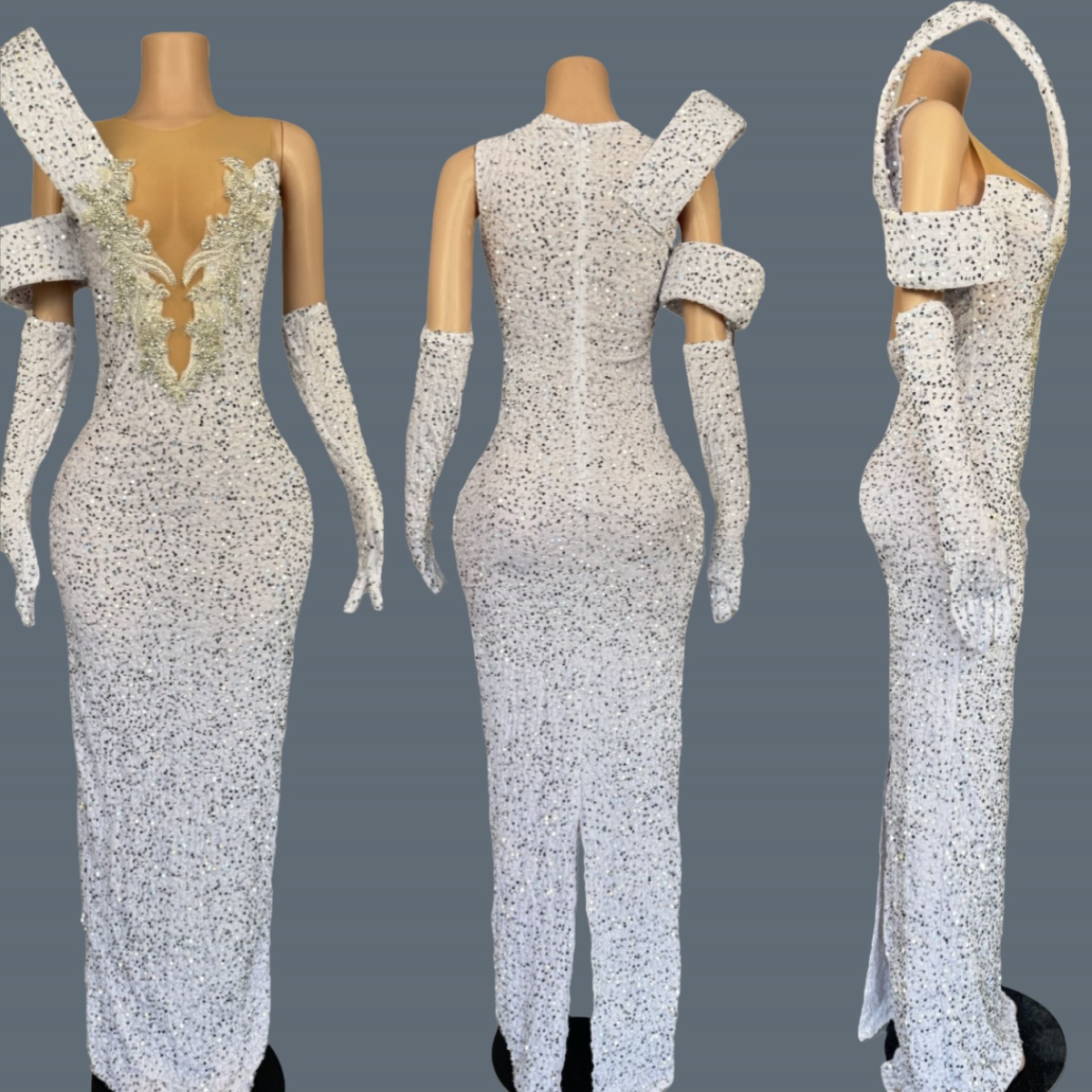 Sparkly Rhinestone Club Party Dress - Vestido Longo Branco Justo com Decote
