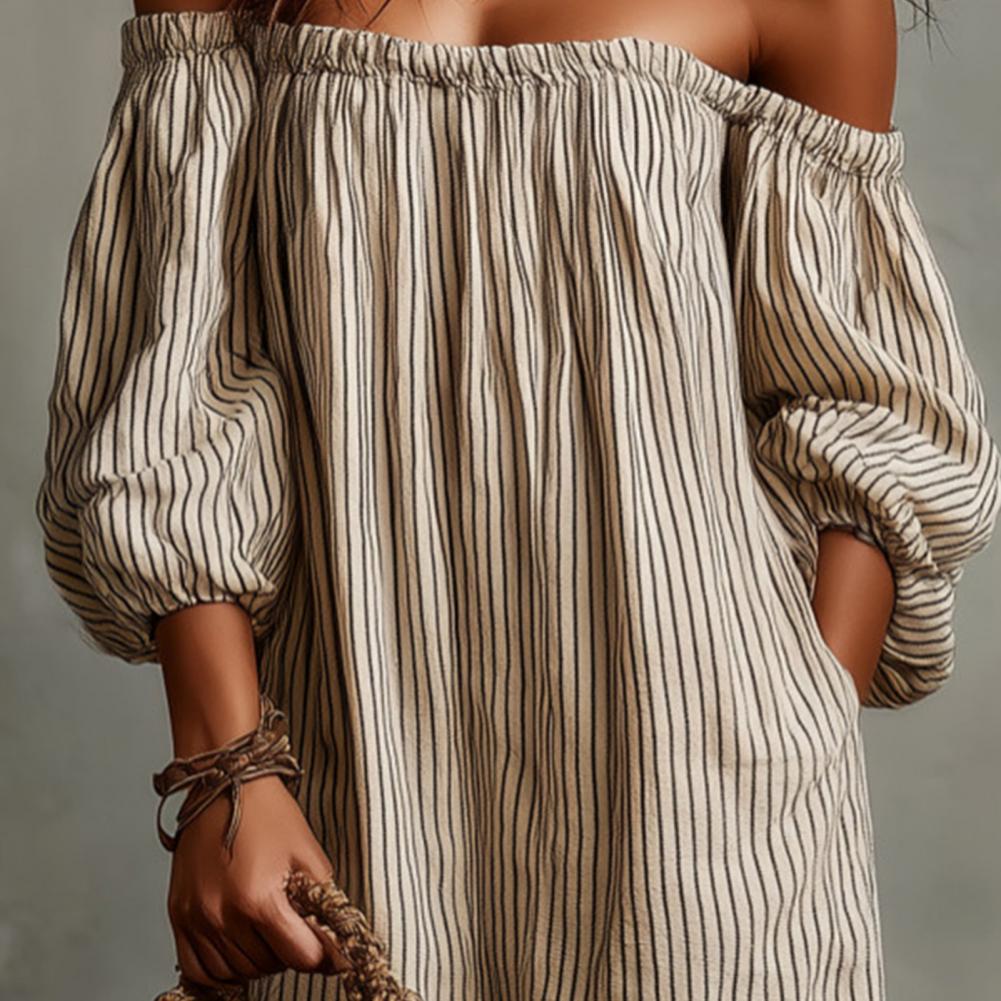 Off Shoulder Puff Sleeve Sundress - Vestido Maxi Listrado de Verão para