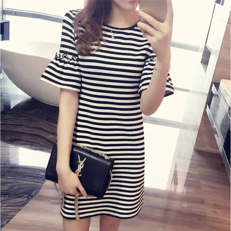 Korean Style A Line Shirt Dress - Vestido Listrado de Verão Feminino Midi