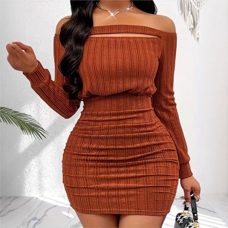 Bodycon Long Sleeve Ribbed Dress - Vestido feminino elegante de primavera e