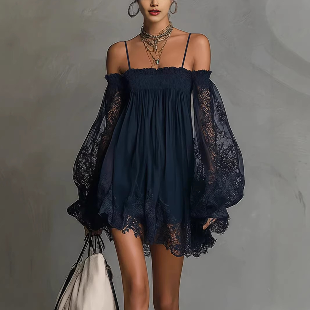 French Vintage Floral Midi Dress - Vestido Mini Feminino Ombro a Ombro
