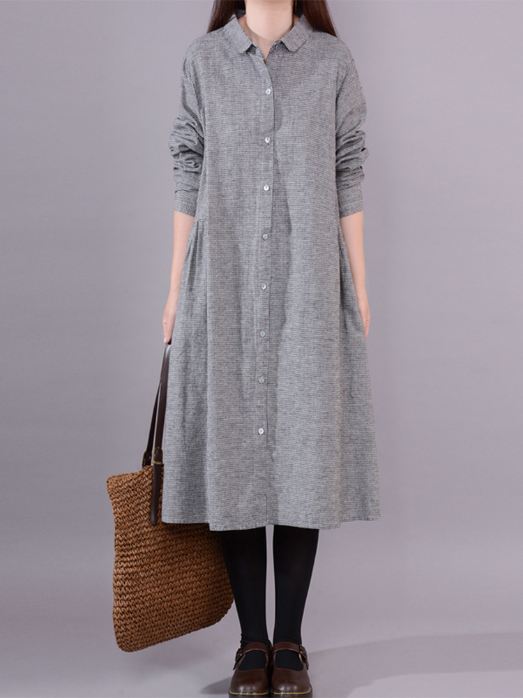 Korean Style A Line Shirt Dress - Vestido Camisa Xadrez Feminino de Manga
