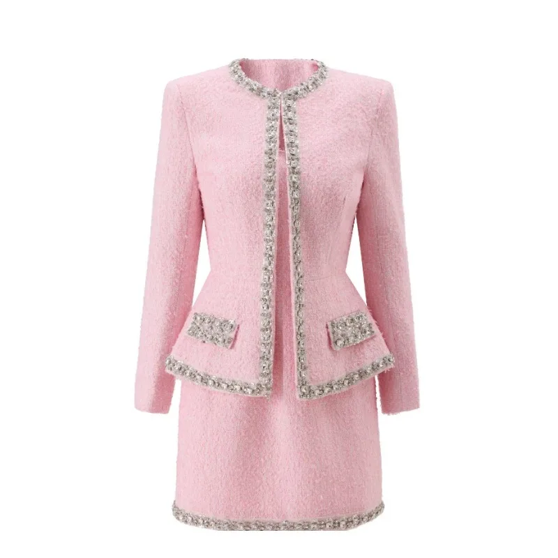 Tweed Two Piece Blazer Dress - Conjunto Feminino Premium em Tweed Rosa,
