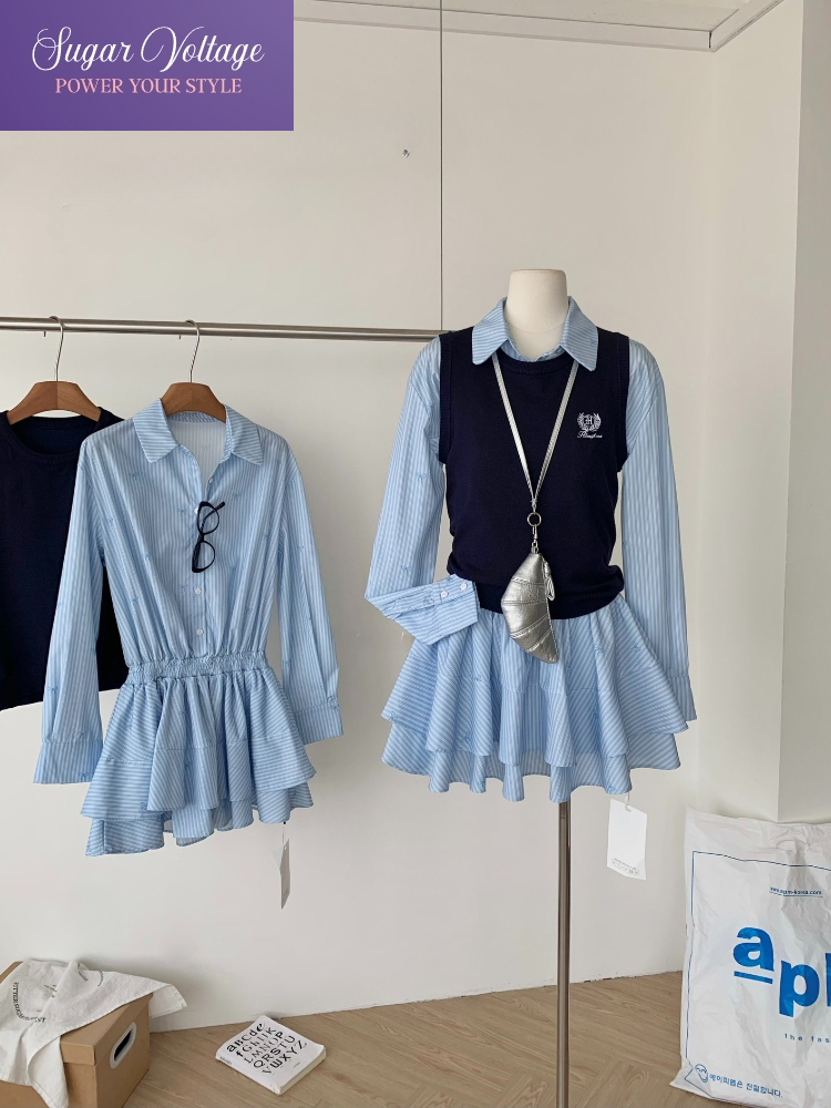 Korean Style A Line Shirt Dress - Primavera outono coreano moda estilo universitário