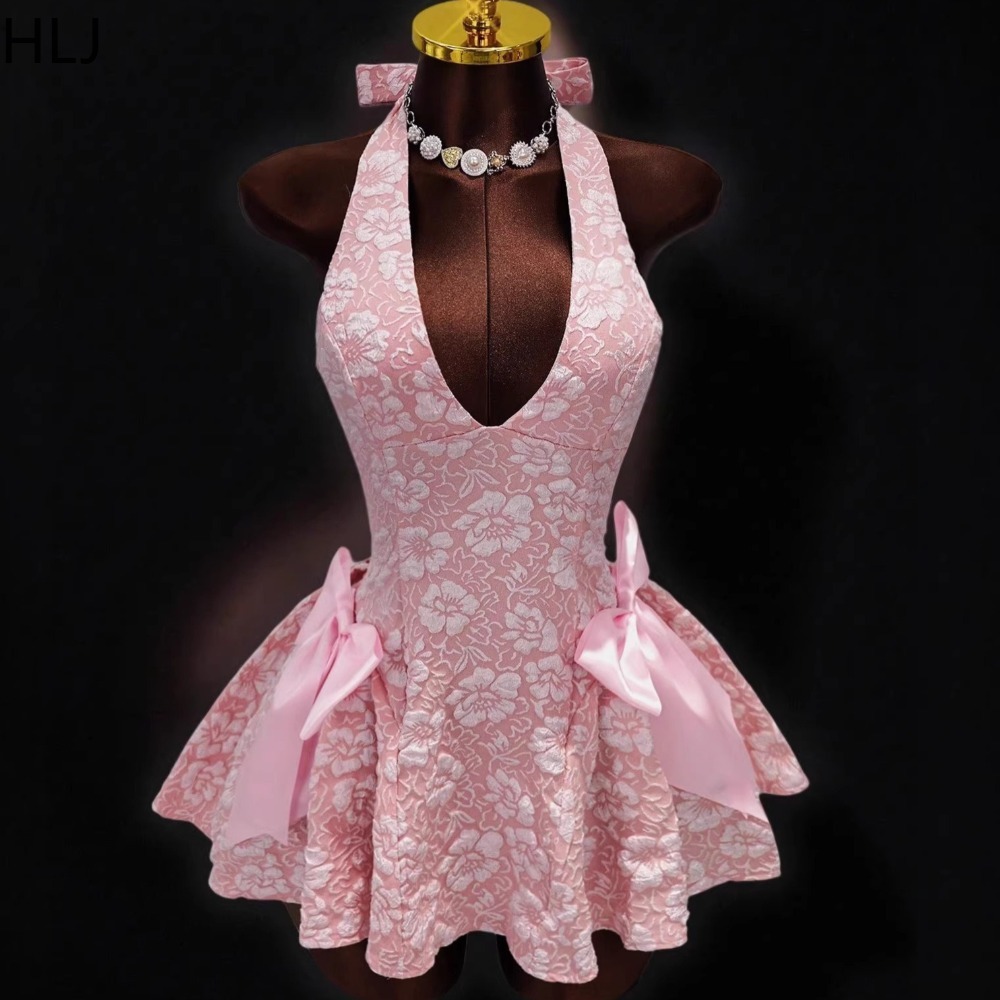 Y2K Backless Halter Mini Dress - Vestidos Bodycon Sexy em Jacquard com