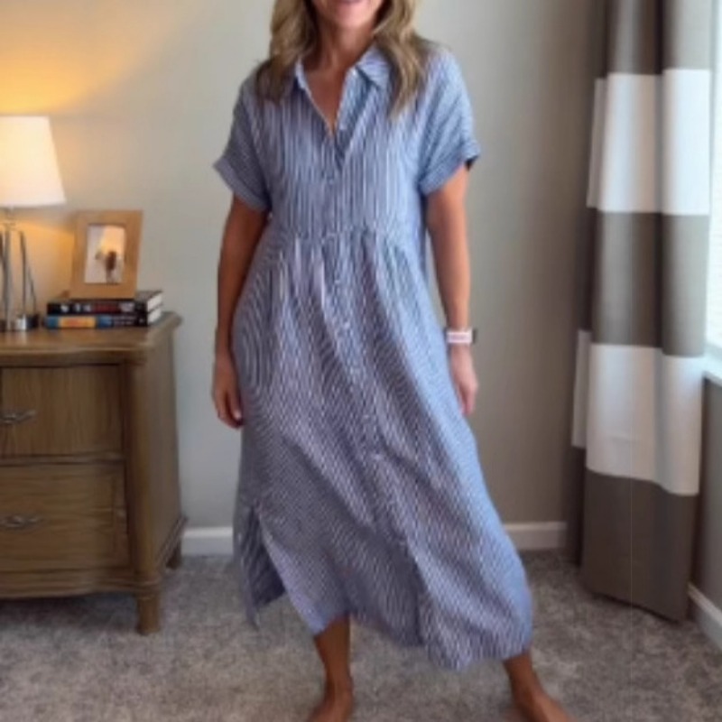 Casual Loose Linen Shirt Dress - Vestido Camisa Listrado Feminino de Verão
