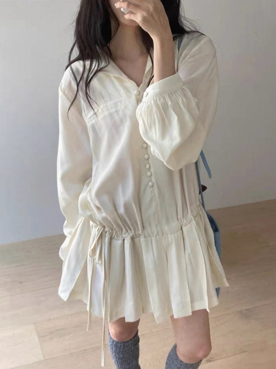 Korean Style A Line Shirt Dress - Vestido Feminino Elegante de Manga Longa