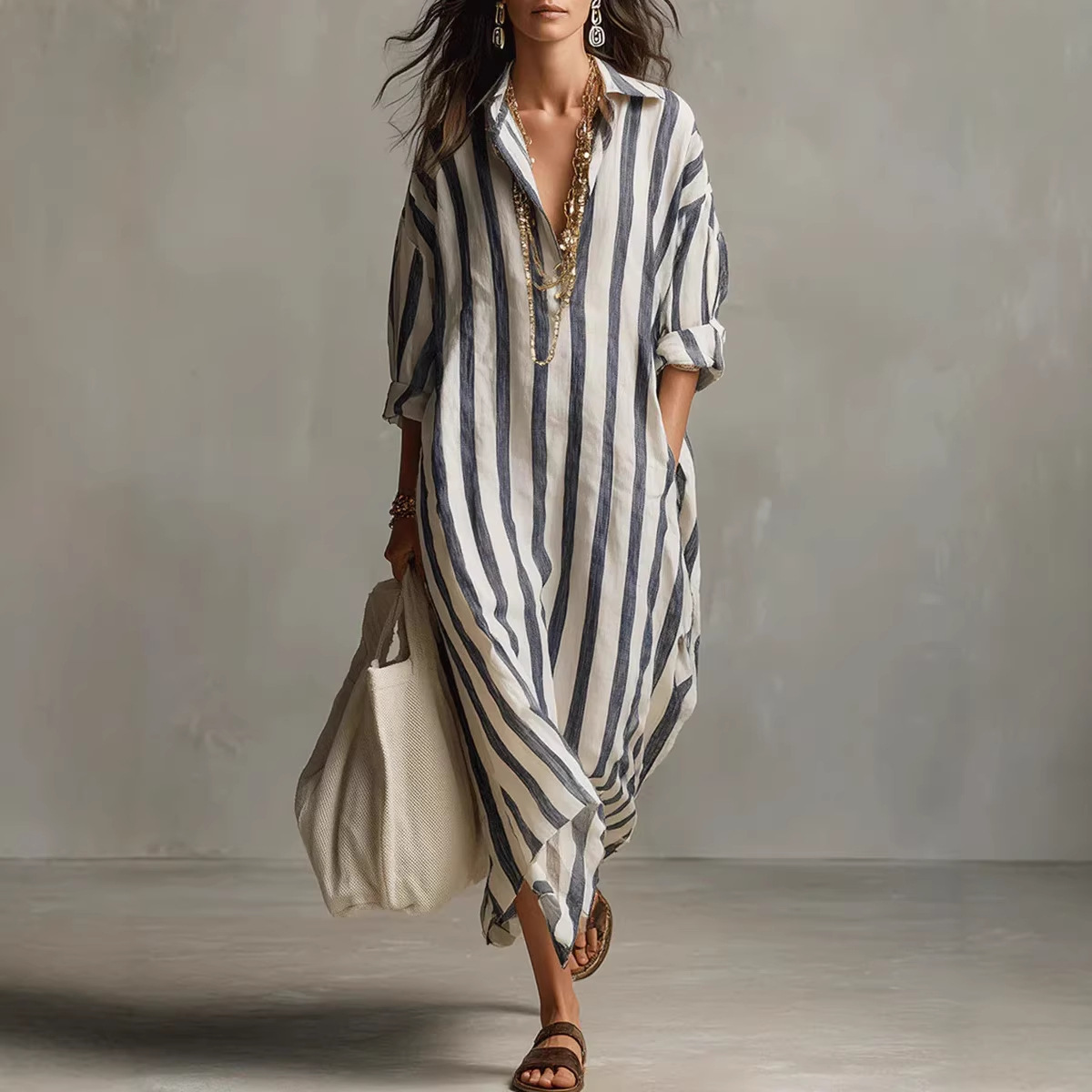 Casual Loose Linen Shirt Dress - Vestido Longo Feminino Elegante de Verão