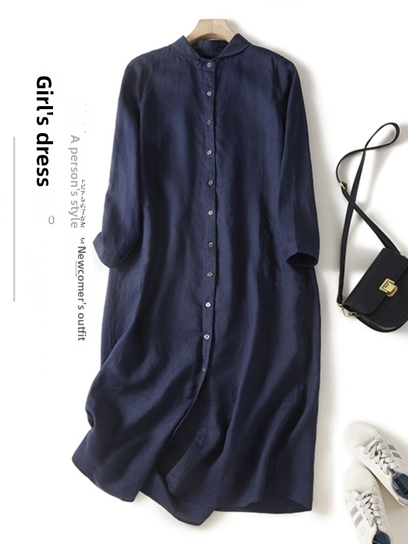 Casual Loose Linen Shirt Dress - Vestido Casual de Manga Longa em
