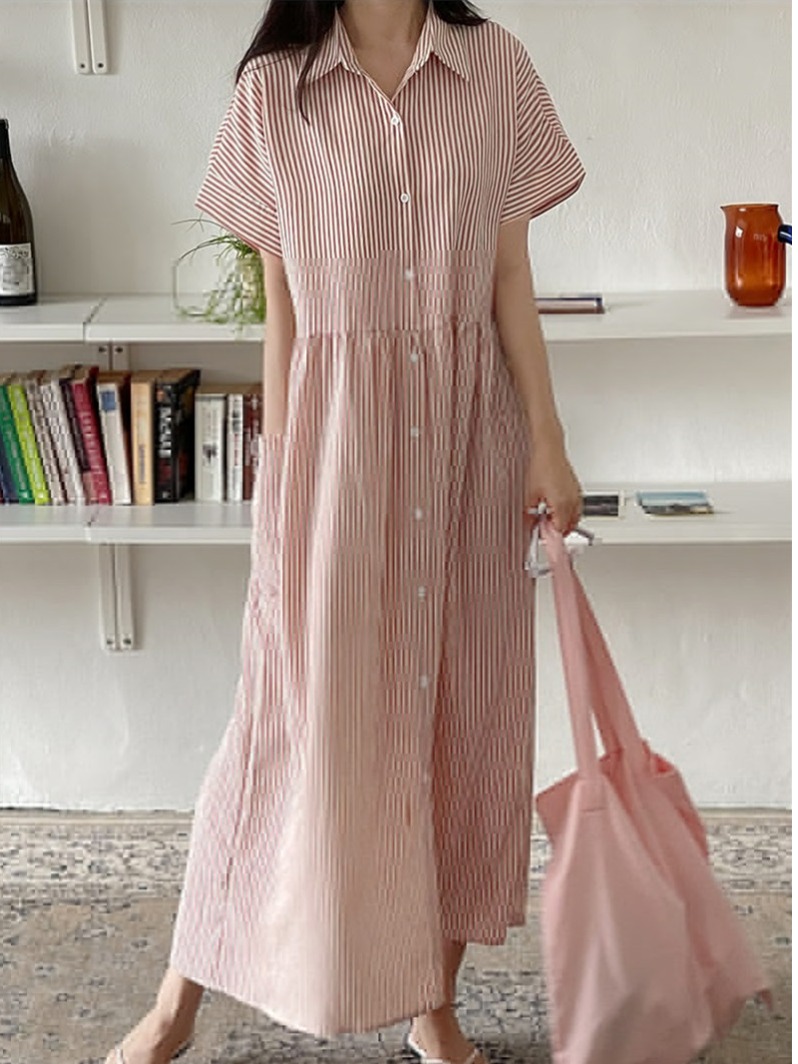 Vestido Camisa Listrado Estilo - Casual Loose Linen Shirt Dress avaliação e preço