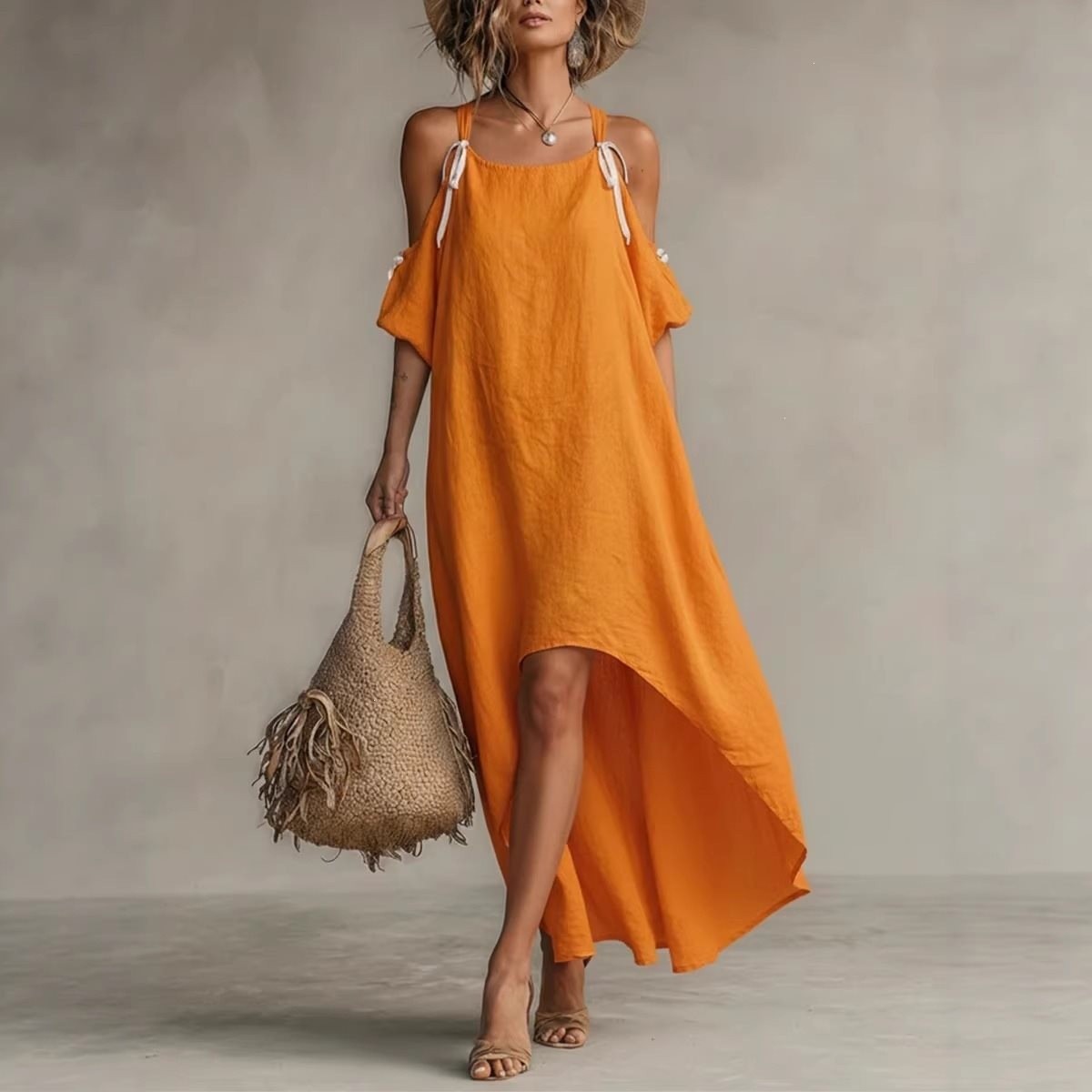 Vestido de Verão Feminino com  - Off Shoulder Puff Sleeve Sundress avaliação e preço