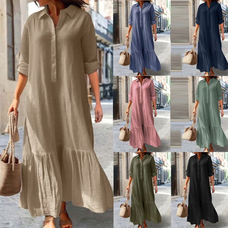 Vestido camisa de linho femini - Casual Loose Linen Shirt Dress avaliação e preço