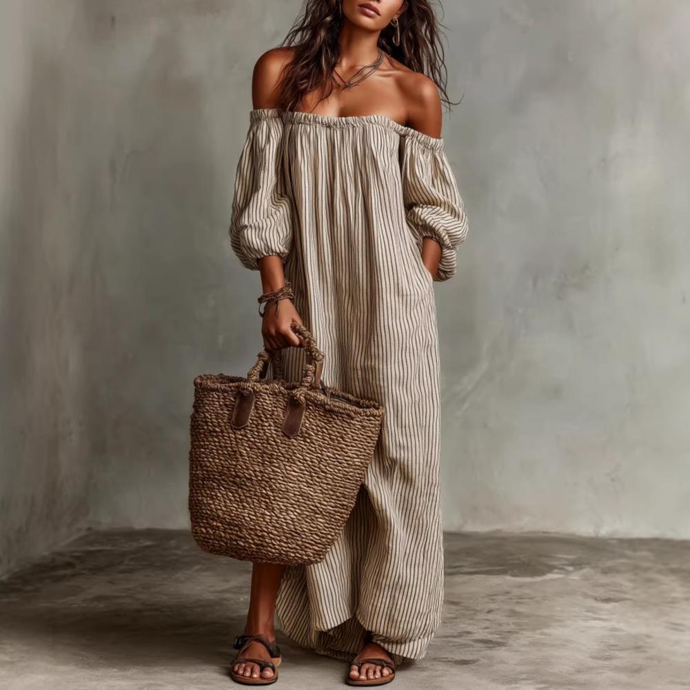 Vestido Maxi Listrado de Verão - Off Shoulder Puff Sleeve Sundress avaliação e preço