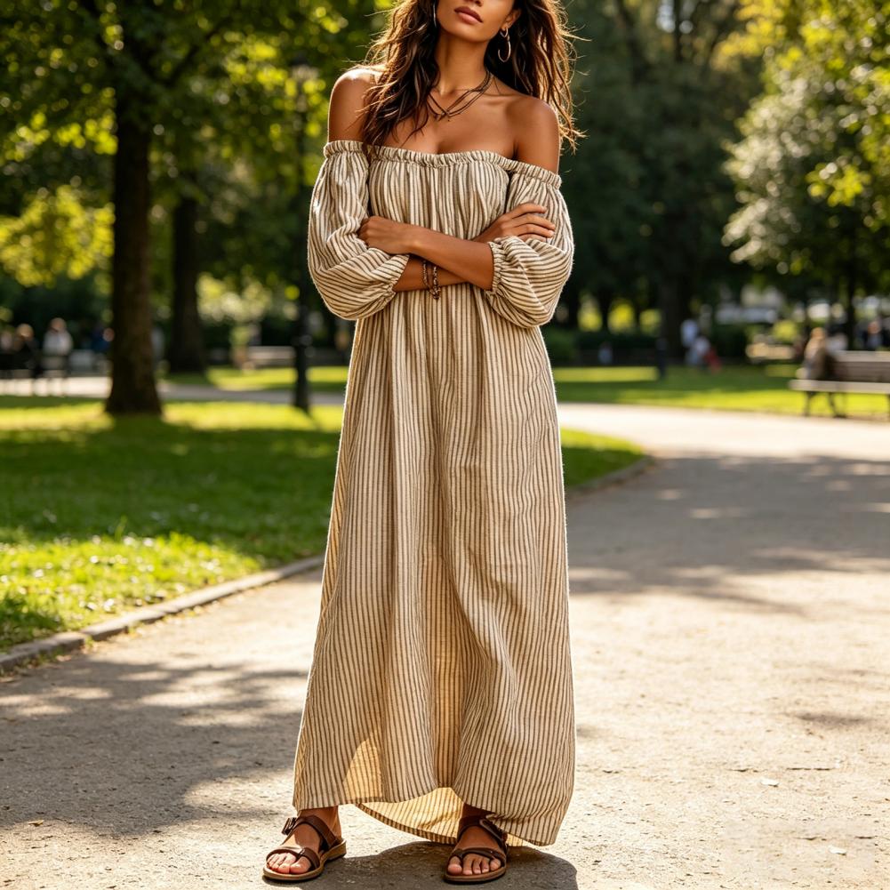 Vestido Maxi Listrado de Verão - Off Shoulder Puff Sleeve Sundress avaliação e preço