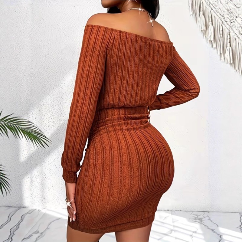Vestido feminino elegante de p - Bodycon Long Sleeve Ribbed Dress avaliação e preço
