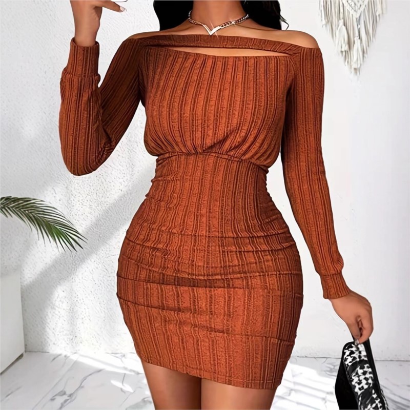 Vestido feminino elegante de p - Bodycon Long Sleeve Ribbed Dress avaliação e preço