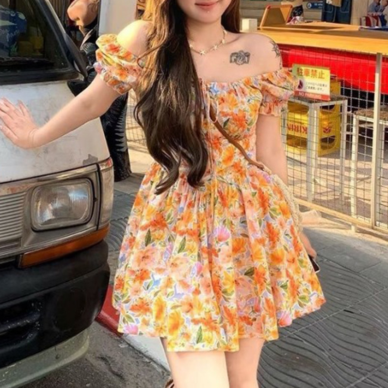 Novo Vestido Mini Laranja Esta - Off Shoulder Puff Sleeve Sundress avaliação e preço