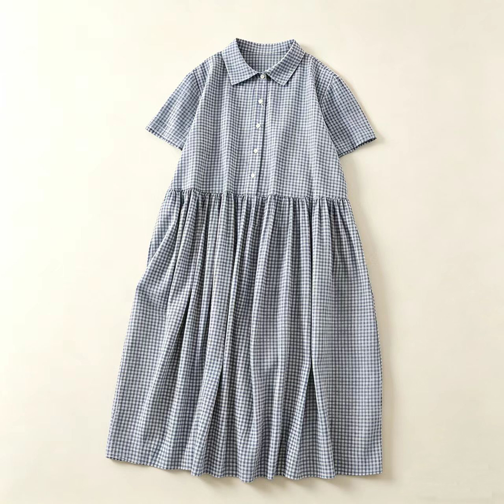Vestido Midi Xadrez Azul com G - Casual Loose Linen Shirt Dress avaliação e preço