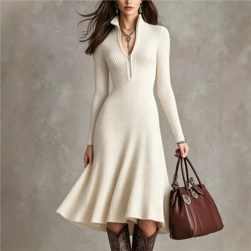 Vestido Midi de Malha Canelada - Bodycon Long Sleeve Ribbed Dress avaliação e preço