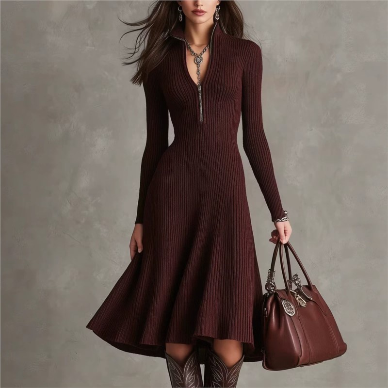 Vestido Midi de Malha Canelada - Bodycon Long Sleeve Ribbed Dress avaliação e preço