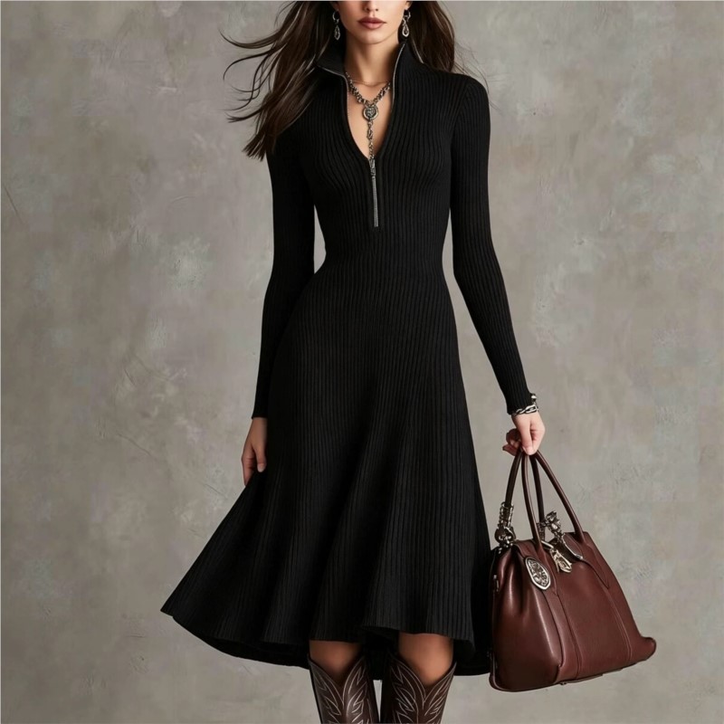 Vestido Midi de Malha Canelada - Bodycon Long Sleeve Ribbed Dress avaliação e preço