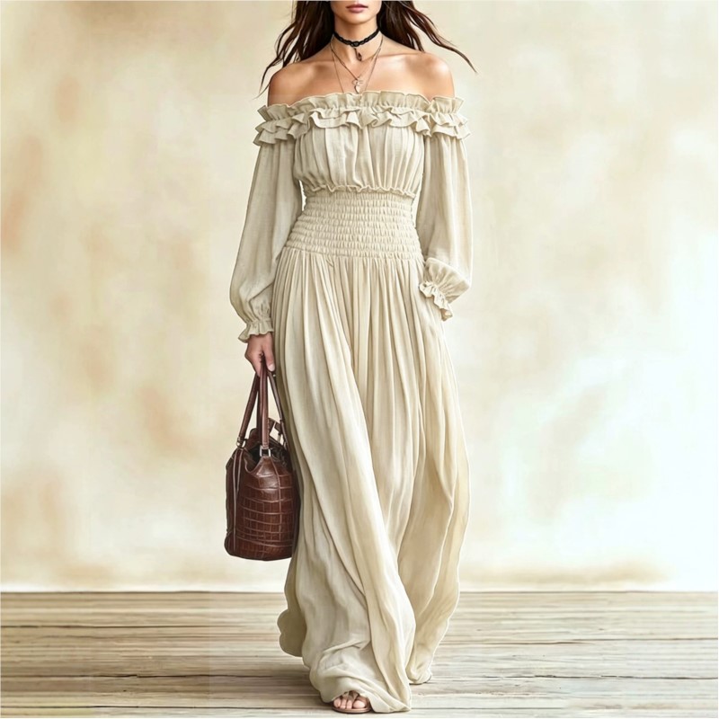 Vestido Maxi Feminino Ombro a  - Off Shoulder Puff Sleeve Sundress avaliação e preço