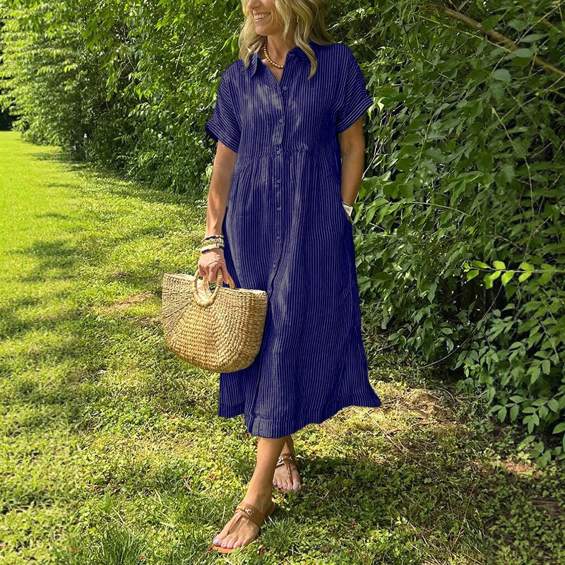 Vestido Camisa Listrado Femini - Casual Loose Linen Shirt Dress avaliação e preço