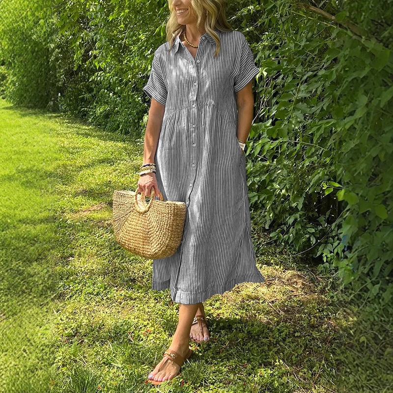 Vestido Camisa Listrado Femini - Casual Loose Linen Shirt Dress avaliação e preço