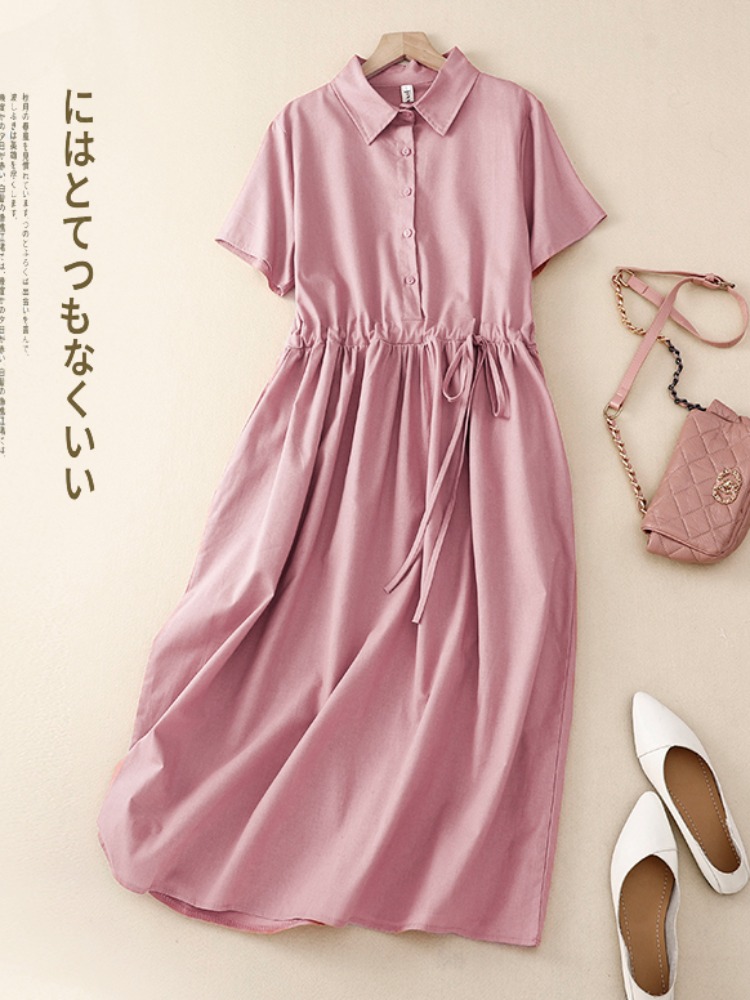 Vestido Feminino de Algodão Li - Korean Style A Line Shirt Dress avaliação e preço