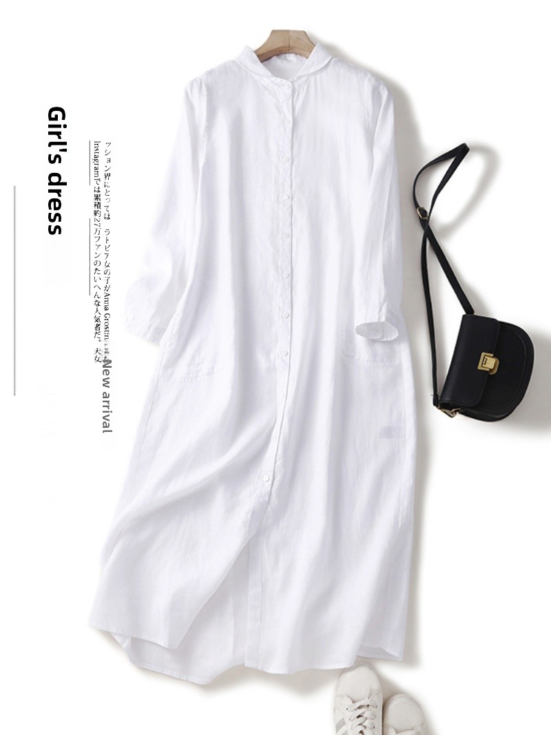 Vestido Casual de Manga Longa  - Casual Loose Linen Shirt Dress avaliação e preço