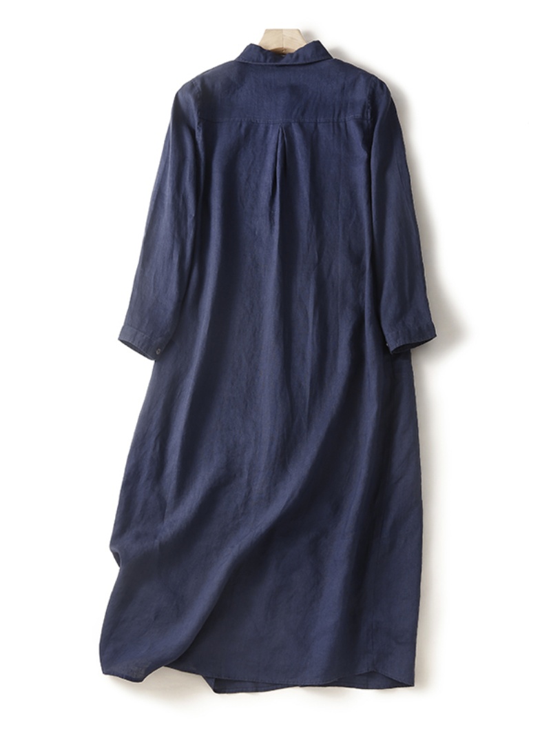 Vestido Casual de Manga Longa  - Casual Loose Linen Shirt Dress avaliação e preço