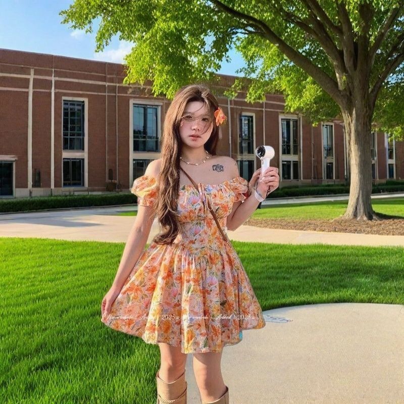 Vestido Mini Laranja Estampado - Off Shoulder Puff Sleeve Sundress avaliação e preço